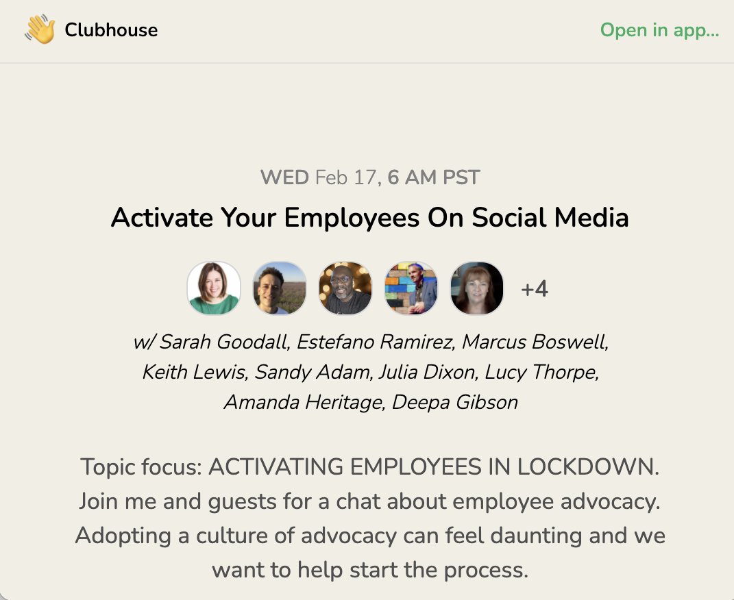 👋 Our Clubhouse debut is happening!📱 Join <a href="/SarahGoodall/">Sarah Goodall</a> and guests for a chat about Employee Advocacy on Wednesday 17th Feb 2pm GMT 
hubs.ly/H0Grd7t0 (IOS Only)
#Clubhouse #ClubhouseApp #EmployeeAdvocacy #EmployeeActivation
