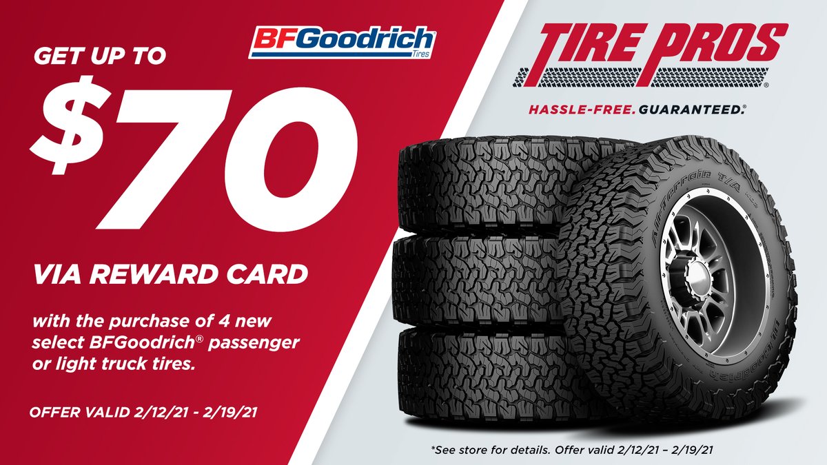 All BFGoodrich tires are on sale, plus up to $70 mail in rebate!  Stop in at 801 E. 2th Street, Kearney NE or call 308-237-5534 for details!  Get some traction on!