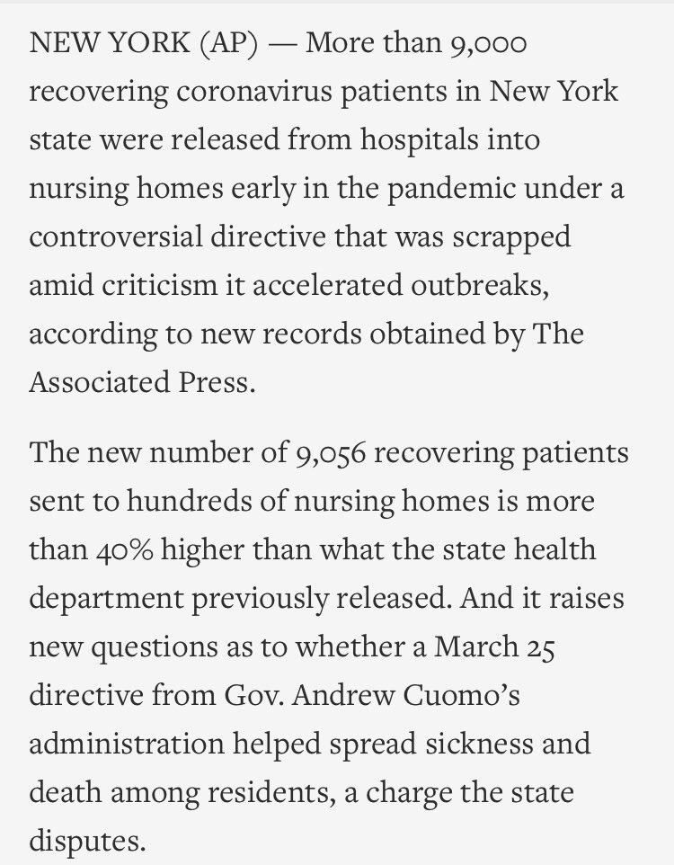 Some context.  @AP scooped that  @NYGovCuomo & his admin had hidden the number of Covid patients his rules had returned to nursing homes - spreading the pandemic among the most vulnerable - to avoid DOJ scrutiny.Nursing homes account for 1/3rd of ALL US deaths in the pandemic.