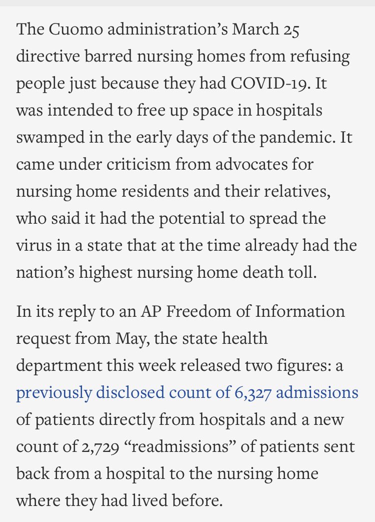 Some context.  @AP scooped that  @NYGovCuomo & his admin had hidden the number of Covid patients his rules had returned to nursing homes - spreading the pandemic among the most vulnerable - to avoid DOJ scrutiny.Nursing homes account for 1/3rd of ALL US deaths in the pandemic.