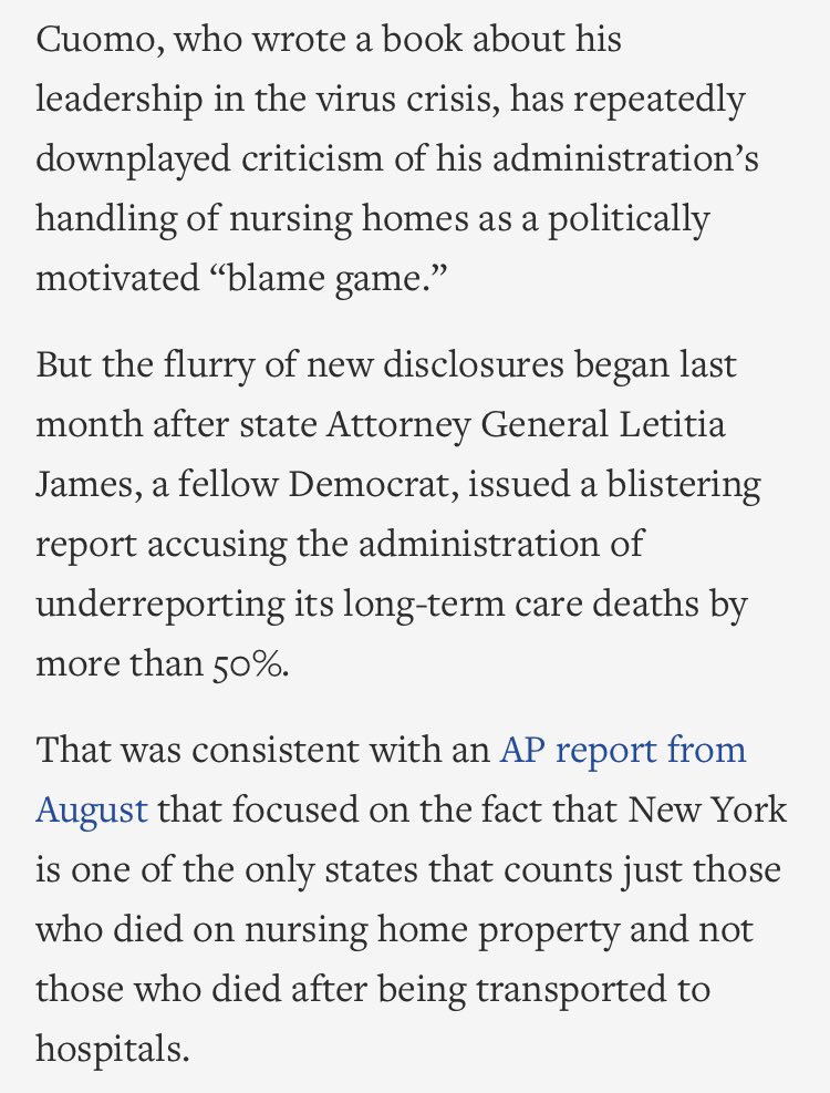 Some context.  @AP scooped that  @NYGovCuomo & his admin had hidden the number of Covid patients his rules had returned to nursing homes - spreading the pandemic among the most vulnerable - to avoid DOJ scrutiny.Nursing homes account for 1/3rd of ALL US deaths in the pandemic.