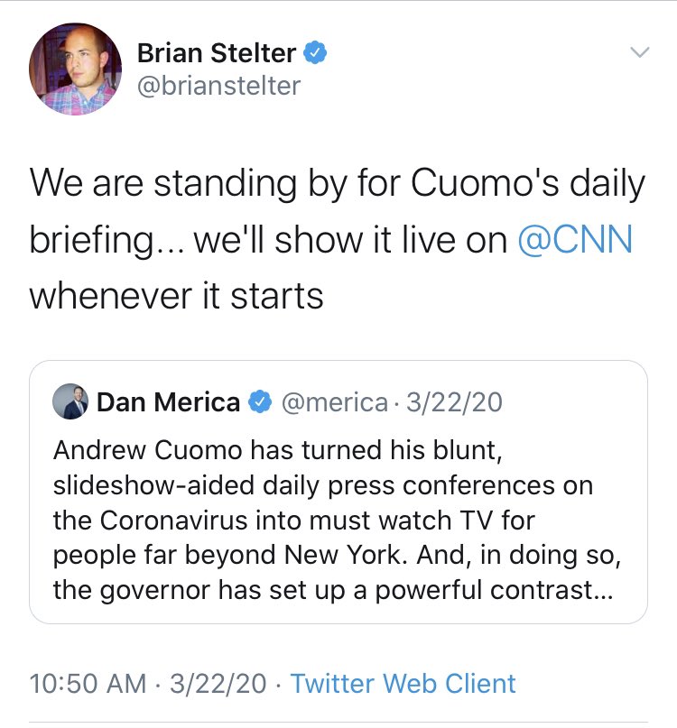 The outlet got their key voices involved in pushing the idea that Cuomo was an antidote to Trump. The way that  @brianstelter talked about  @NYGovCuomo mirrors how Pravda writes about Putin.