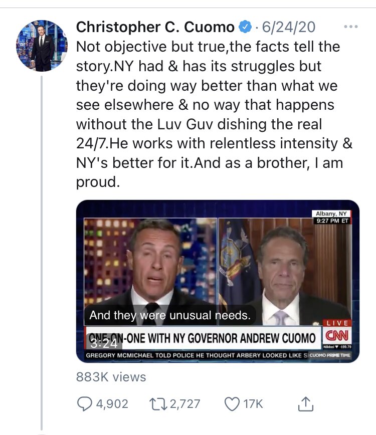 I couldn’t possibly do this thread without including his brother,  @ChrisCuomo.Brotherly affection is one thing. But the fact that  @CNN used this is a front would’ve been journalistic malpractice if (Governor) Cuomo were in the right.Safe to say, he wasn’t.