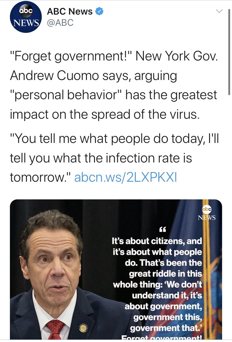 But the real problem wasn’t just MSNBC or CNN, it was that EVERY outlet was singing  @NYGovCuomo’s praises without raising a critical question or objection. Here’s  @ABC with a few takes they’d probably like to have back.