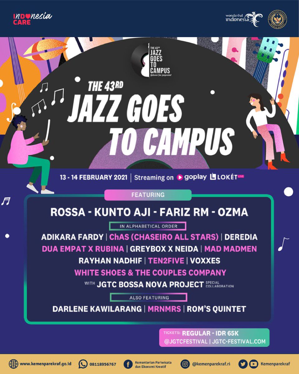 KemenPariwisata's tweet photo. Hi, #SobatParekraf!
Kemenparekraf mendukung inisiatif @JGTCfestival untuk menyelenggarakan The 43rd Jazz Goes to Campus: Virtual Festival 2021.
#Jazzpression #jgtcfestival #BangkitUntukIndonesiaMaju
#WonderfulIndonesia https://t.co/g3gL96wZrc