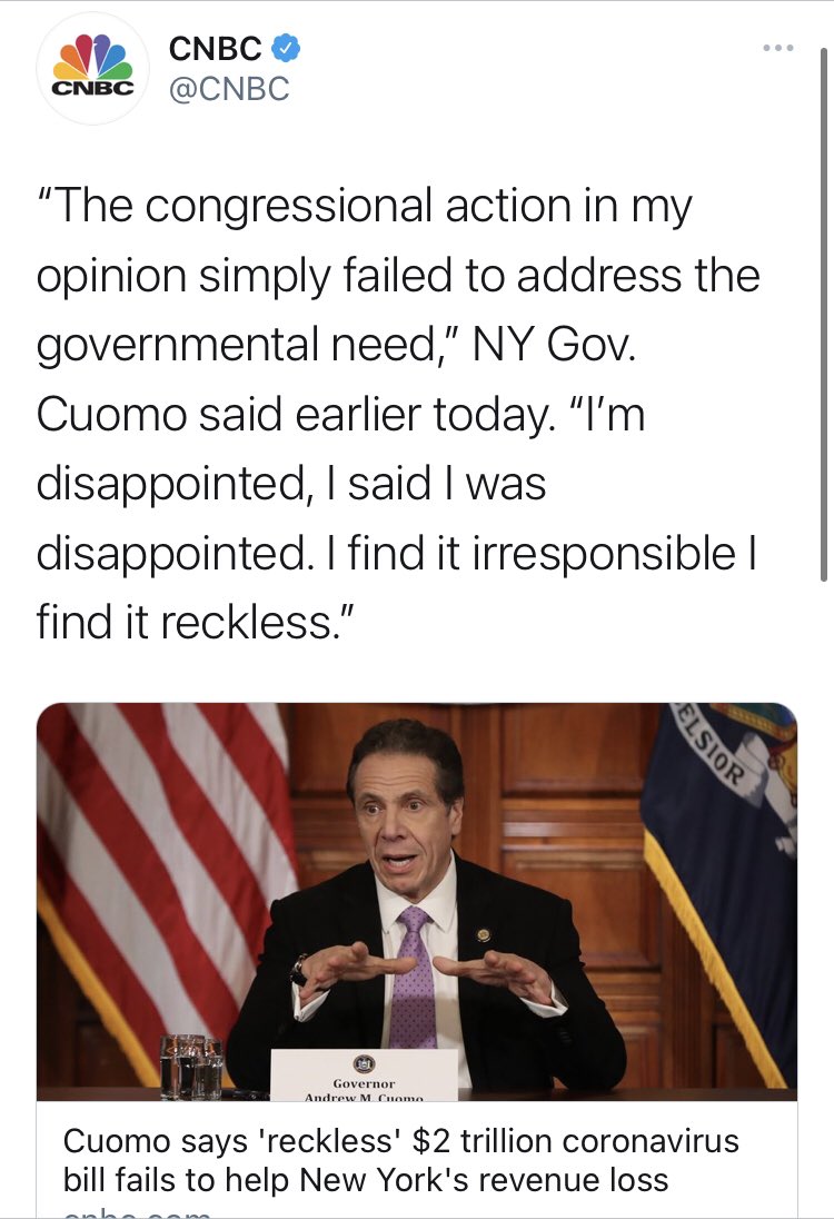 Plenty of outlets like  @CNBC simply gave Cuomo the space to say whatever he wanted and look like some sort of tough guy hero.Perhaps, in retrospect, it would’ve been valuable to ask whether Cuomo’s own behavior was “irresponsible” or “reckless”?