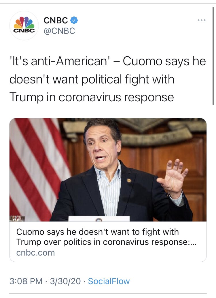 Plenty of outlets like  @CNBC simply gave Cuomo the space to say whatever he wanted and look like some sort of tough guy hero.Perhaps, in retrospect, it would’ve been valuable to ask whether Cuomo’s own behavior was “irresponsible” or “reckless”?