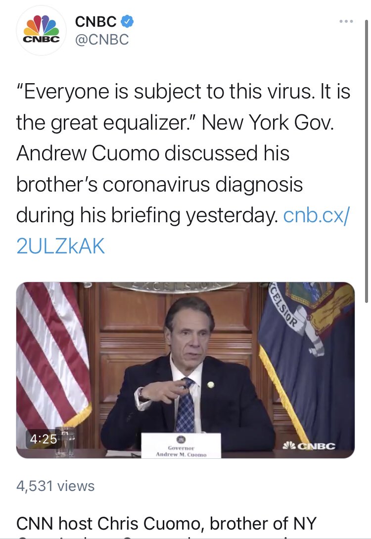 Plenty of outlets like  @CNBC simply gave Cuomo the space to say whatever he wanted and look like some sort of tough guy hero.Perhaps, in retrospect, it would’ve been valuable to ask whether Cuomo’s own behavior was “irresponsible” or “reckless”?