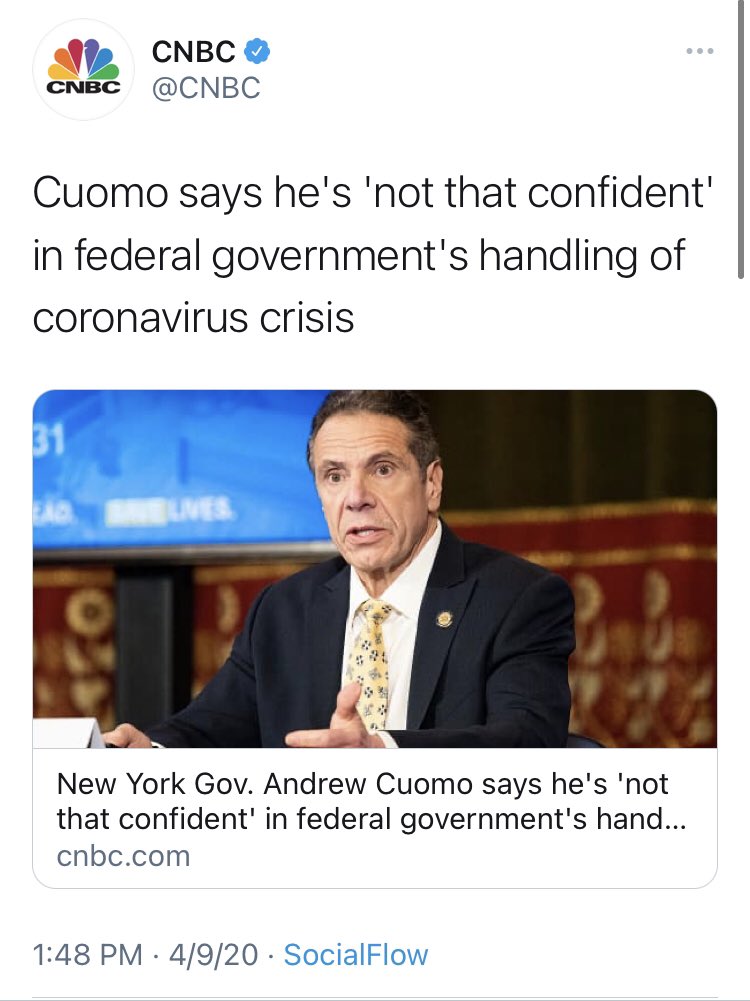 Plenty of outlets like  @CNBC simply gave Cuomo the space to say whatever he wanted and look like some sort of tough guy hero.Perhaps, in retrospect, it would’ve been valuable to ask whether Cuomo’s own behavior was “irresponsible” or “reckless”?