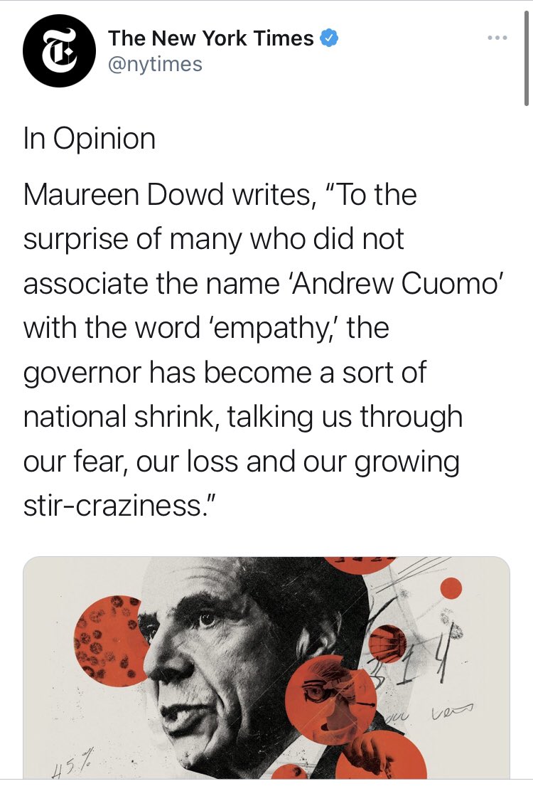 You may be wondering where  @nytimes is in all this. And the truth is, their reporting on Cuomo has been really solid across the board. Now, some of their opinion pieces on the other hand...less so.  @maureendowd and  @JenSeniorNY included.