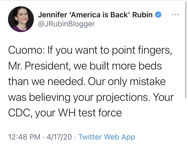 But the worst of the Cuomo sycophants had to be  @JRubinBlogger. I just. I can’t even. I don’t know what to say about all this. Heaven help anyone who takes Rubin seriously as one who offers criticism.
