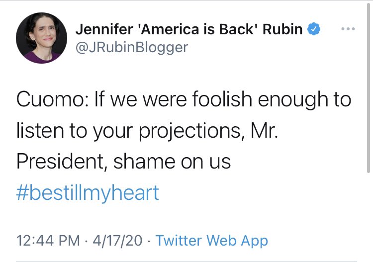 But the worst of the Cuomo sycophants had to be  @JRubinBlogger. I just. I can’t even. I don’t know what to say about all this. Heaven help anyone who takes Rubin seriously as one who offers criticism.