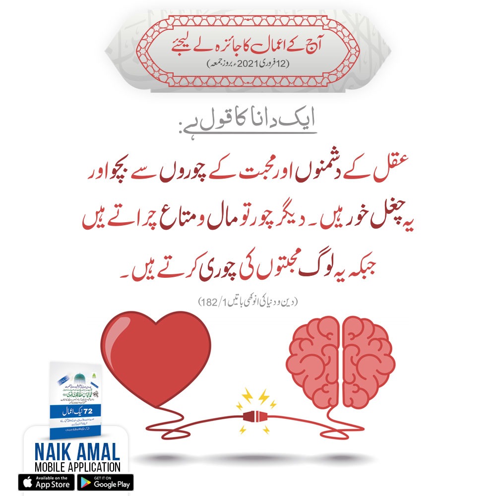 iLoveMuhammadFE's tweet photo. آج کے اعمال کاجائزہ لےلیجئے
(12فروری2021ء بروز جمعہ)

ایک دانا کا قول ہے:
"عقل کے دشمنوں اور محبت کے چوروں سے بچو اور یہ چغل خور ہیں ۔دیگر چور تو مال و متاع چراتے ہیں جبکہ یہ لوگ محبتوں کی چوری کرتے ہیں ۔"
(دین ودنیاکی انوکھی باتیں، 1/182)
#MadaniChannel #Dawateislami #Chughli https://t.co/Qgh6r37a8j