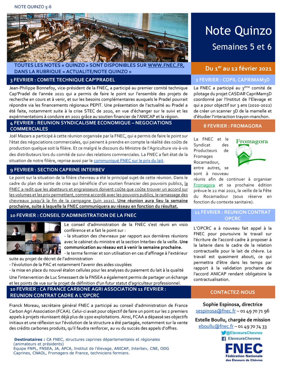 EleveursChevres's tweet image. Retrouvez l'activité des deux dernières semaines dans notre dernière #NoteQuinzo !
Comité technique #CapPradel, #CapriMam3D, #Fromagora, prix du lait, section caprine #Interbev, conseil d'administration #FNEC, conseil d'administration France @CarbonAgri association, réunion OPCRC