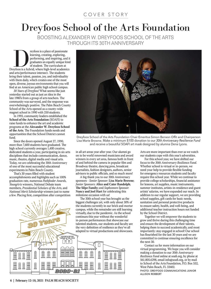 Dreyfoos Foundation on the front cover of <a href="/palmbeachsoc/">Palm Beach Society</a> today!! Thank you for the recognition of our 30 years!! Get your copy now! Photo cred - Communications Junior Allison Robbert! <a href="/DreyfoosArtsSch/">Dreyfoos School of the Arts</a> <a href="/DSOAFoundation/">DSOA Foundation</a> #30Years <a href="/DSOACommArts/">DSOA Communications</a> #ArtSchool