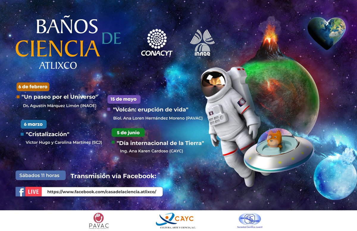inaoe_mx's tweet photo. Les compartimos el cartel de #BañosdeCiencia en Atlixco. Los talleres se impartirán en el Facebook de Casa de la Ciencia. ¡Los esperamos! https://t.co/g4Y3YtHFQZ