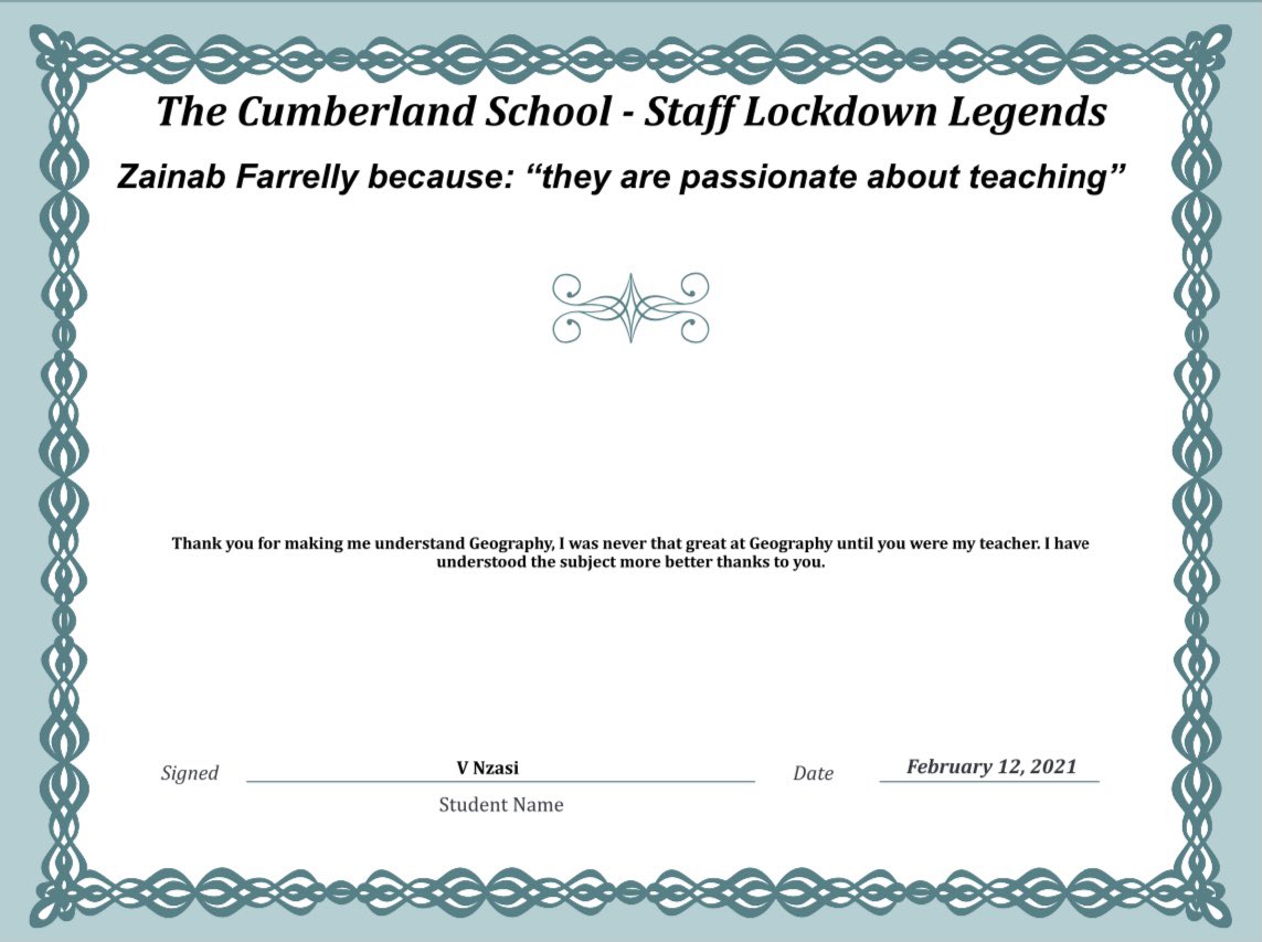 cumberlandcst's tweet photo. Thank you Ms Farrelly
#LockdownLegends #TCSpectacular #ThankYou #Appreciation #RealHeroesDontWearCapes @geography_tcs https://t.co/QEOBotHi3U