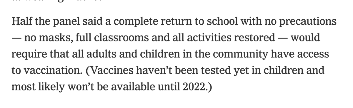 Half of respondents said normal school can only happen after all staff *and* students had chance for vax Social and personal values RE risk are matters of policy, ethics, and ideology. Other experts (and all of us) should be answering them, not this unknown group of 175 /end