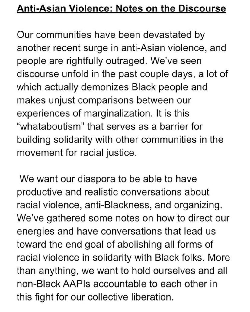 We wrote something about the violence happening against Asians and the response we’ve seen from many public figures. Please read and share. Part 1 - Calling out the anti-Black rhetoric being used: