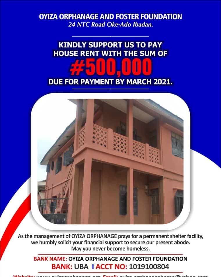 Kindly support with your token of Love.

If you help share this, you have also given your love to Oyiza Orphanage and Foster Foundation Ibadan.