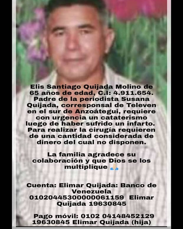 ydjbeba's tweet photo. El padre de nuestra Colega Susana Quijada, requiere del apoyo de todos para realizarse un caterismo https://t.co/PdDriiEhrk
