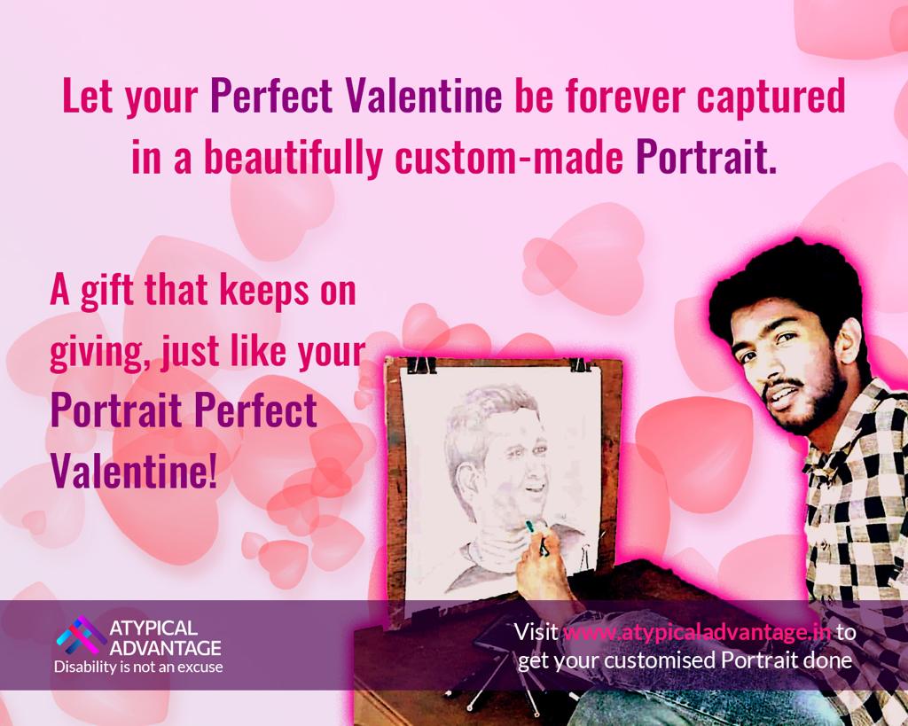 How about something different, meaningful and at the same time lovely for this #valentinesday2021 :-) Portraits for your valentine made by an #Artist with #Disability? atypicaladvantage.in/arts/portrait-… Founded by @VineetSaraiwala , Atypical Advantage is talent platform for PwDs.