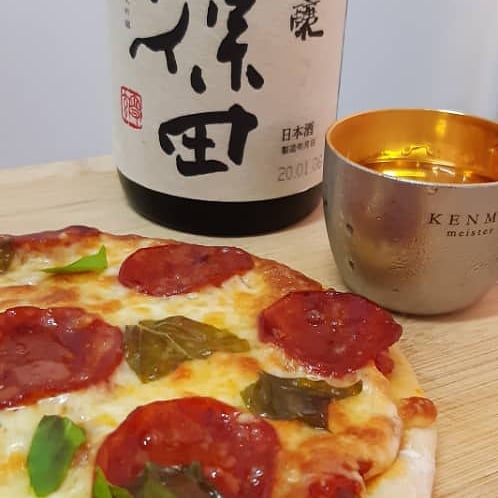 Homemade pizza and Sake