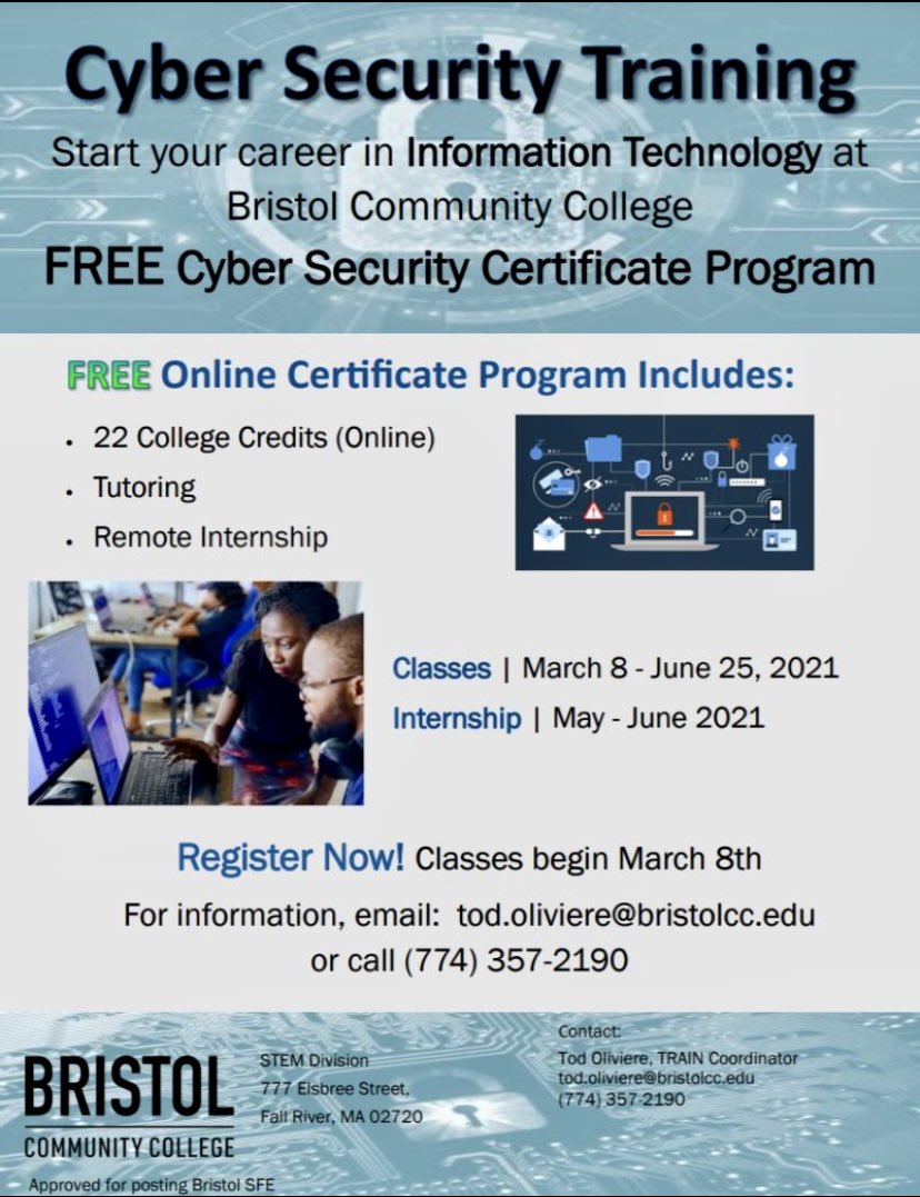 masshirecentral's tweet photo. Did some say #freetrainingFriday?! Here’s the #pickoftheday: #cybersecurity certificate program @BristolCC starts 3/8. #onlinelearning @MassCCs @masscyber @MAWorkforce @CommonTalkPod https://t.co/yzSgKiPcwn