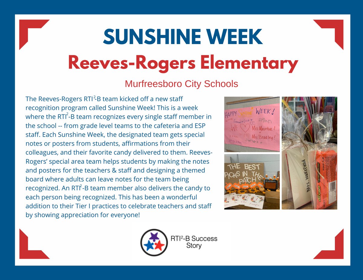tennesseetsc's tweet photo. Thinking about how to show appreciation to your school staff? Let @ReevesRogers Sunshine Week inspire you! Read about more #RTI2B Success Stories from across Middle TN here: https://t.co/E28M2QL7mC @MCScommunicates @JMinTN https://t.co/FHKBDj7B0n