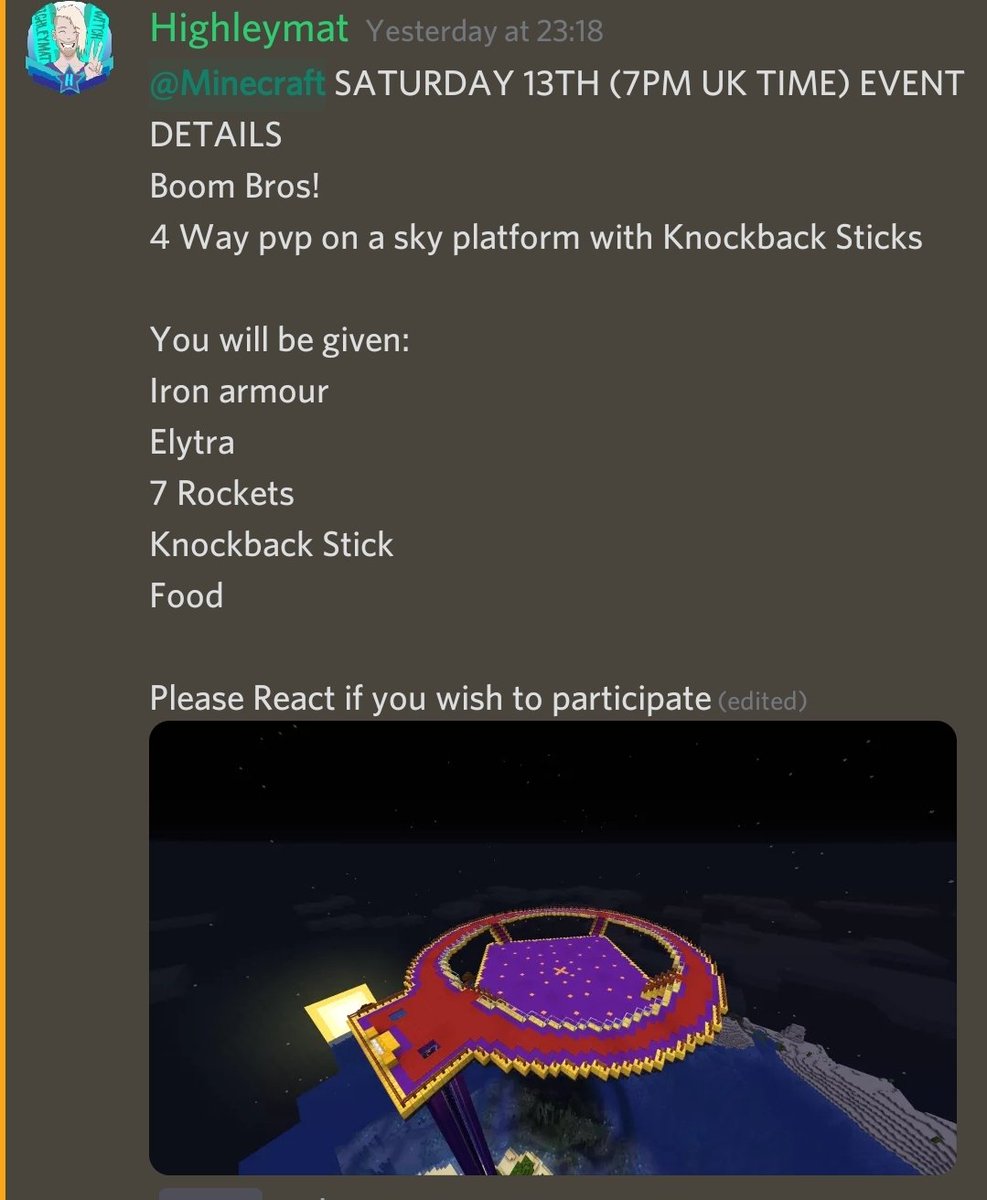 Next Sky dungeon Event is tomorrow! If you want to participate please feel free to DM me!

#Minecraft #events #boomstick