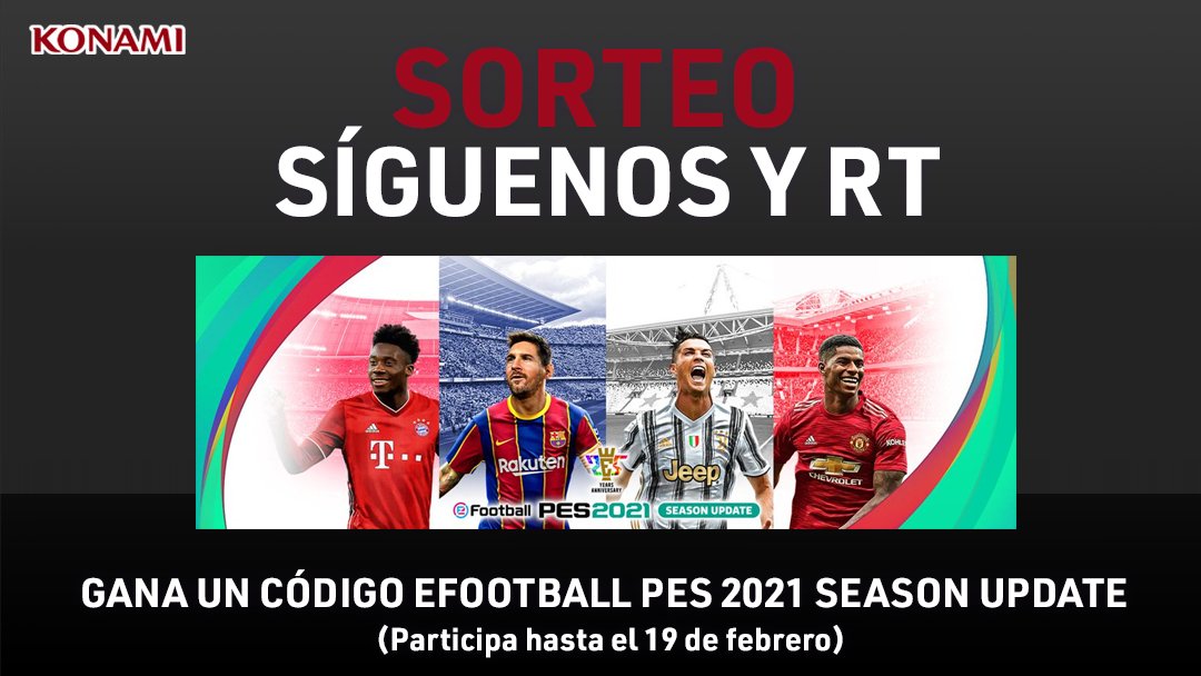 🚨 Gana un código #eFootballPES2021 Season Update🚨
¡Vive la emoción del mejor fútbol en #PES2021! 
⚽Síguenos <a href="/KONAMI_ES/">KONAMI España</a>
⚽RT este tweet
⚽Responde ¿Cuál fue tu primer #PES? y menciona a 2 amigos con los que jugaste a él 🎮
¡Participa hasta el 19/02!
➕ℹ konami.com/games/eu/es/to…