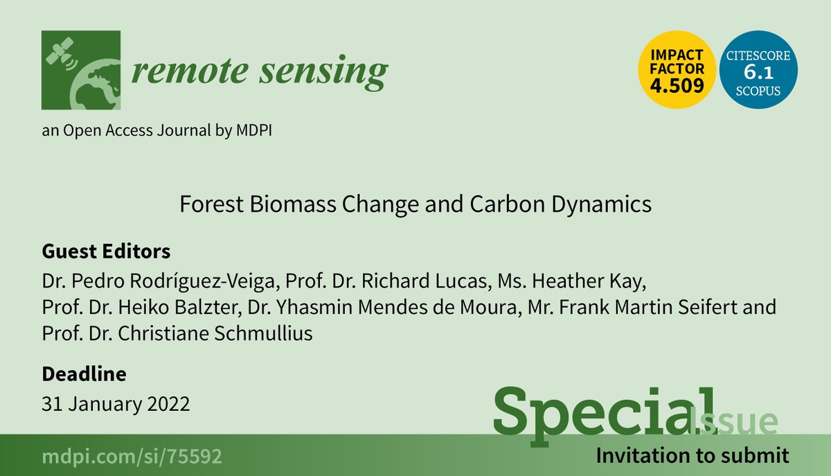 Interested in #ForestBiomassChange and #CarbonDynamics? 
Take a look on our new Special Issue @RemoteSens_MDPI 
@celsohlsj @RicardoDalagnol @flasmendes @polybispo @MarPourshamsi @LadiesOfLandsat @WeAreRLadies @SistersofSAR 
mdpi.com/journal/remote…