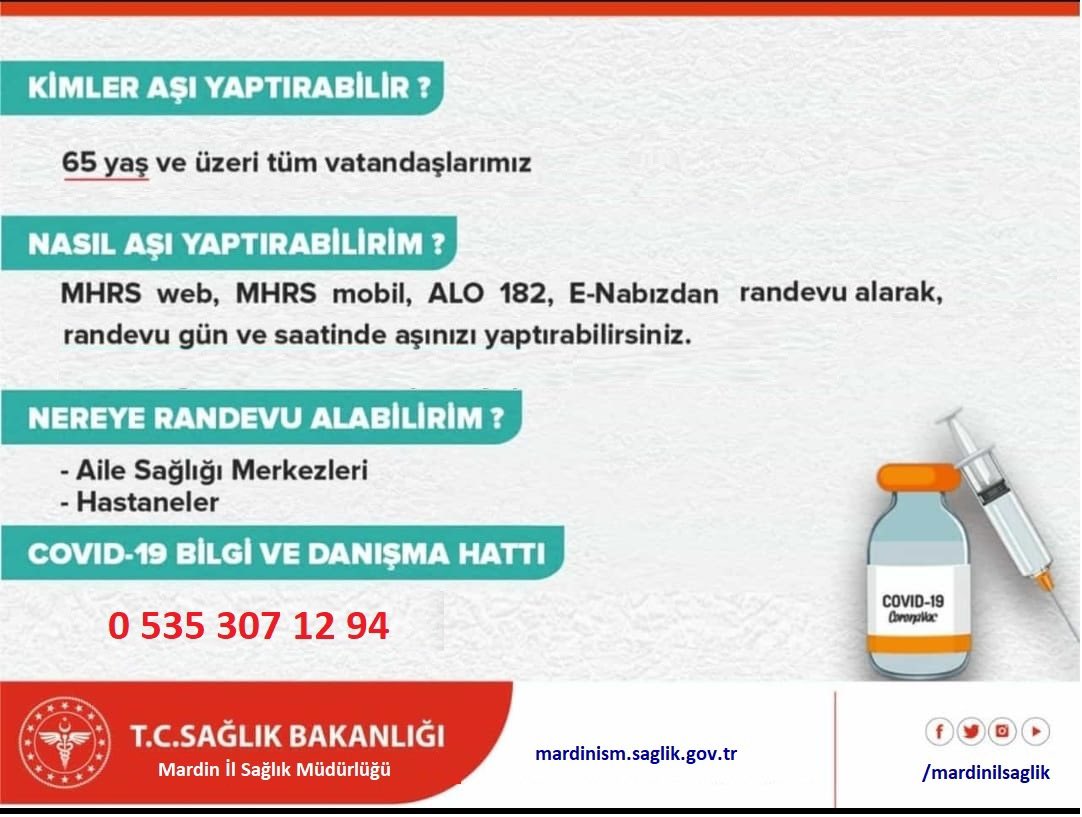mardinilsaglik's tweet photo. 65 yaş üzeri vatandaşlarımızın aşılanması başladı. 
65 yaş üzeri vatandaşlarımızın 60 yaş üzeri eşleri de aşı olabilecekler. https://t.co/OvZFns4ns0