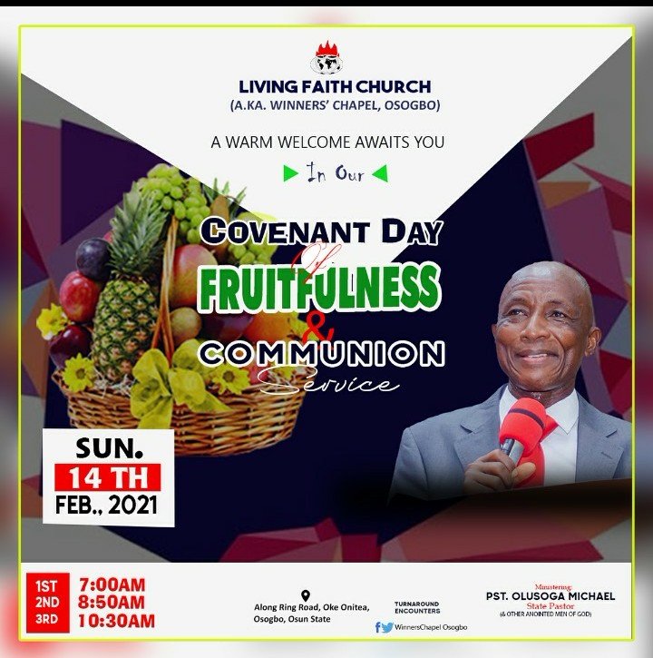 WinnersOsogbo's tweet photo. Fruitfulness in all aspects of life is a divine command at Creation therefore every curse standing against your fruitfulness in the body, business, career, health, ministry shall be destroyed by the word and the mystery in the Communion this Sunday. https://t.co/X76cXts9as