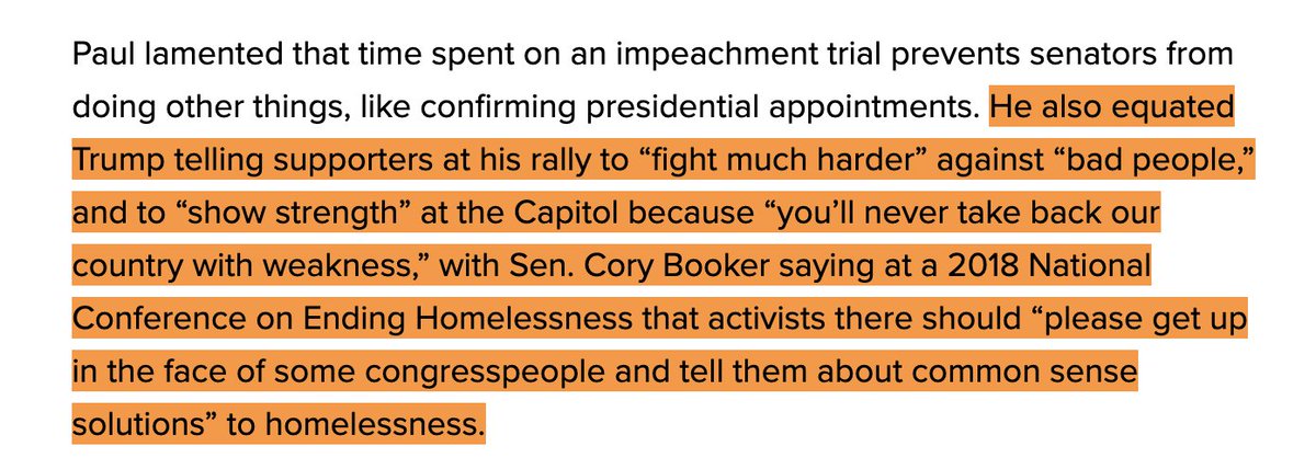 THREAD: Trump’s defenders will likely use video of Dems, incl  @corybooker of all people, in the impeachment trial today to draw false equivalency with Trump’s incitement. I’ve got a few things to say about that. 1/