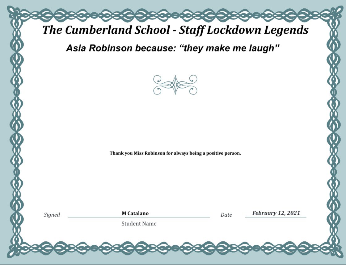 cumberlandcst's tweet photo. Thank you Ms Robinson
#LockdownLegends #TCSpectacular #ThankYou #Appreciation #RealHeroesDontWearCapes @MFL_tcs https://t.co/wJRbgu16To