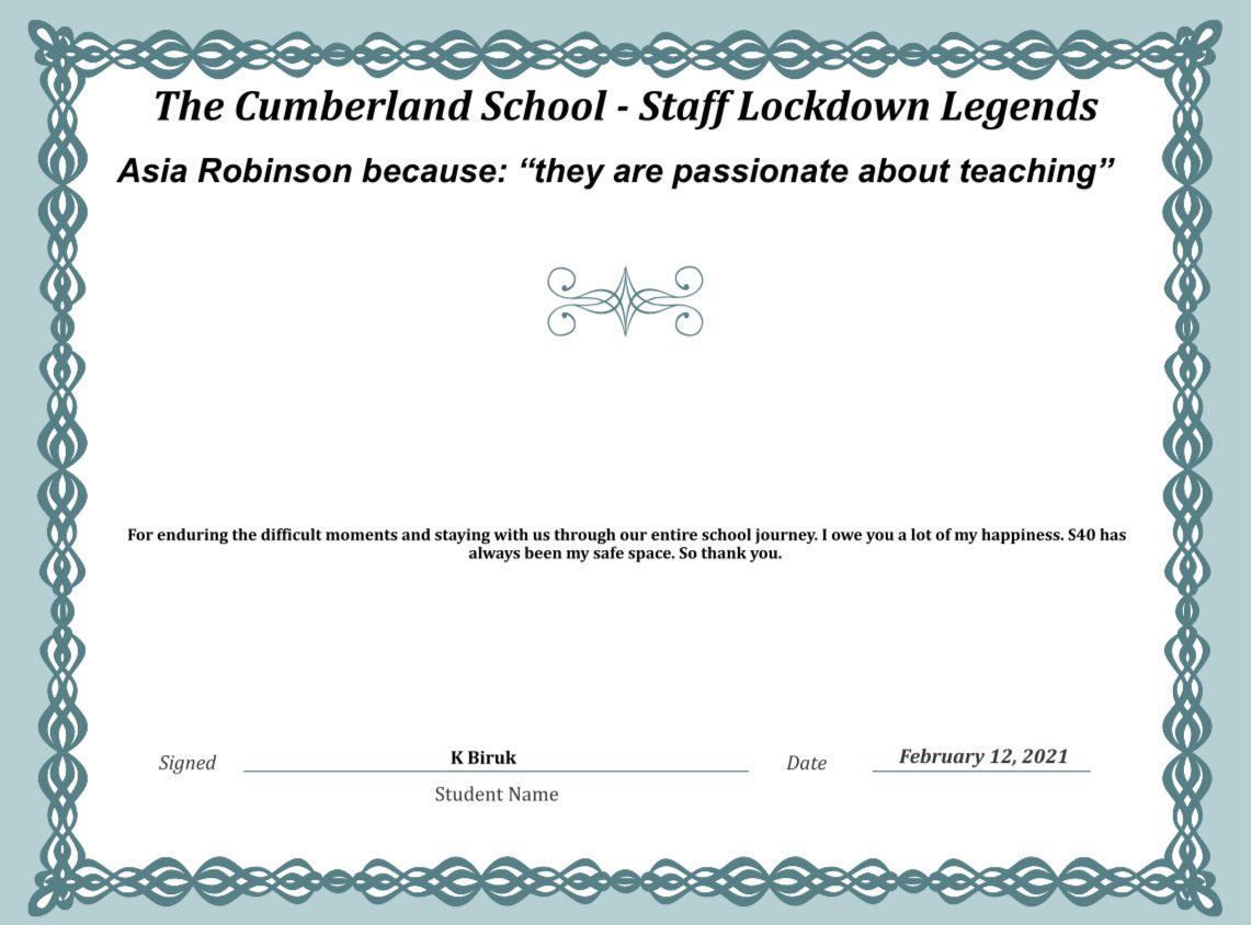 cumberlandcst's tweet photo. Thank you Ms Robinson
#LockdownLegends #TCSpectacular #ThankYou #Appreciation #RealHeroesDontWearCapes @MFL_tcs https://t.co/wJRbgu16To
