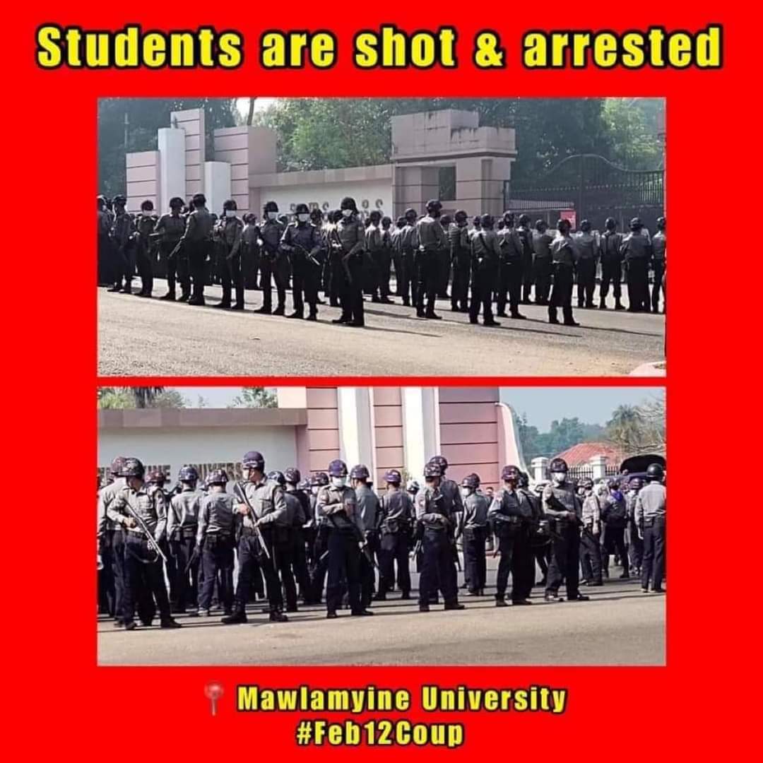 Police and soldier beat 'student' at Mawlamyine University in Myanmar.
Why is the reason for attacking peaceful protesters. Students injured and some are arrested. 
#Feb12Coup 
#militarycoupinMyanmar 
#MyanmarDemocracy