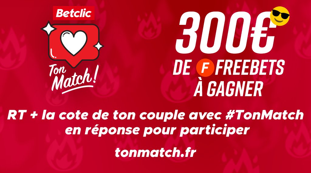 Betclic's tweet image. J-1 avant la #SaintValentin ❤️ T'es allé voir tonmatch.fr ?

10 x 30€ de Freebets à gagner 💰

🔁 RT + la cote de ton couple avec le #TonMatch pour participer