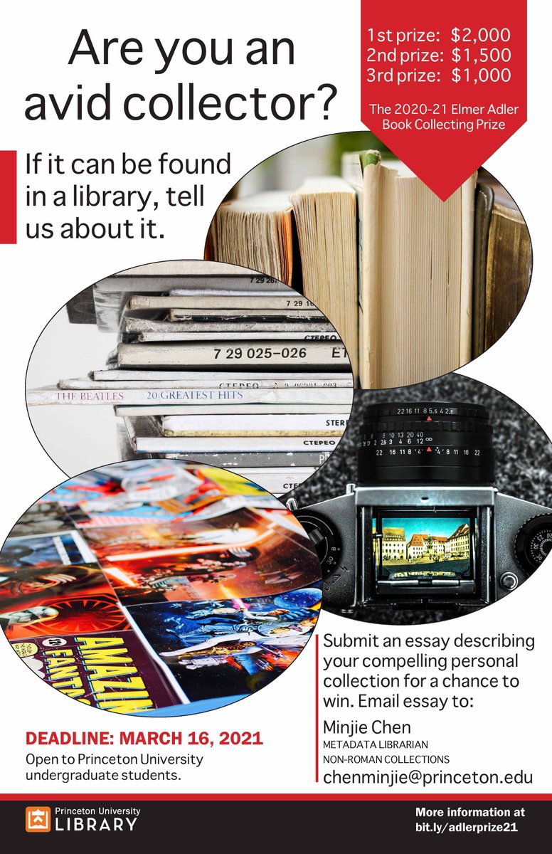 Are you a collector?

The Elmer Adler Book Collecting Prize for #PrincetonU undergrads awards three cash prizes for personal essay submissions describing a compelling personal collection.

Learn more on Feb. 18 at 4 pm: libcal.princeton.edu/event/7546416

CC: <a href="/PrincetonUSG/">PrincetonUSG</a> <a href="/PrincetonRBSC/">PUL Special Collections</a>