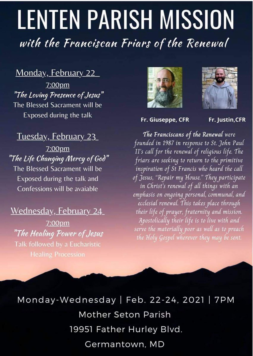 Have you heard about our Lenten Parish Mission? 
Mark your calendars now!  From February 20-24. Fr. Giuseppe,CFR and Fr. Justin, CFR will preach all the weekend Masses and lead the mission February 22-24. Don't miss out!