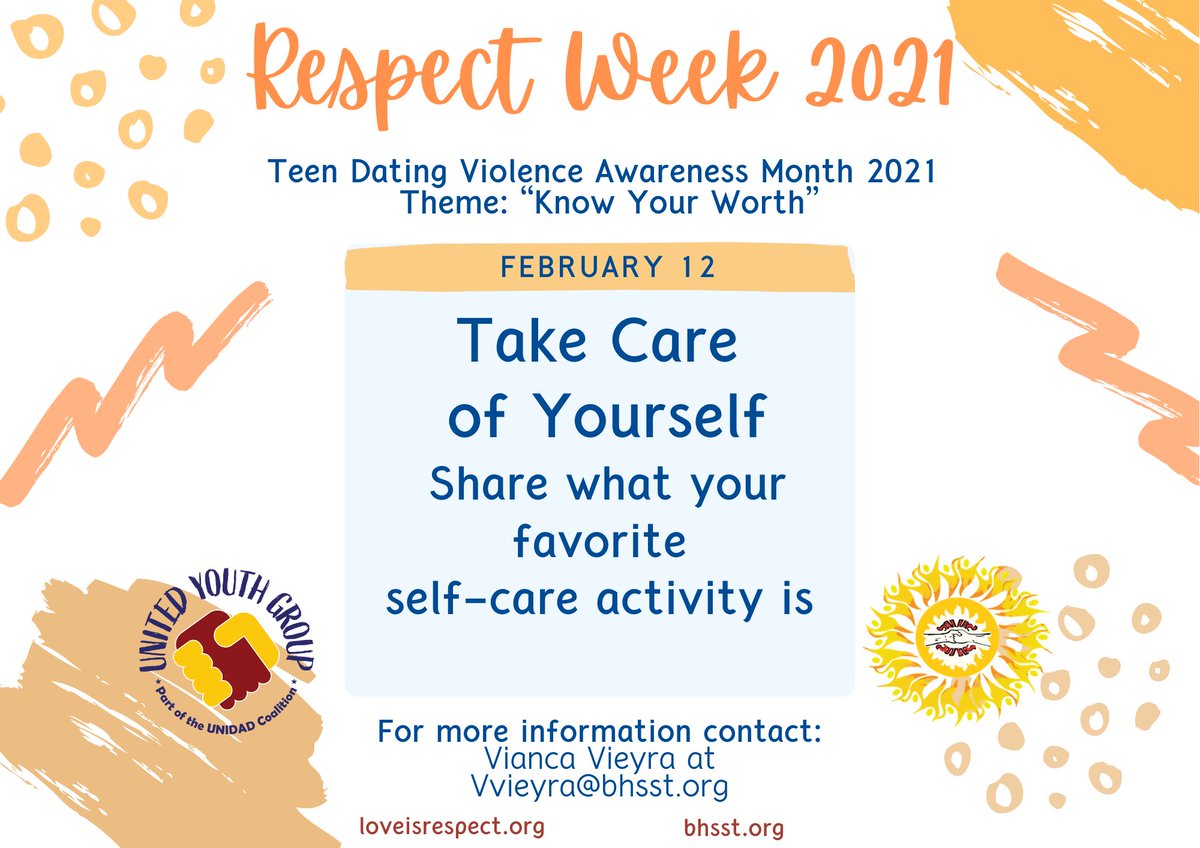 BHSST's tweet photo. Respect Week 2021 Day 5:Take Care of Yourself - Share what your favorite self-care activity is.

Make sure to tag us to be featured! #BHSST #UNIDADyouth #KnowYourWorth https://t.co/itZjh2wQmV