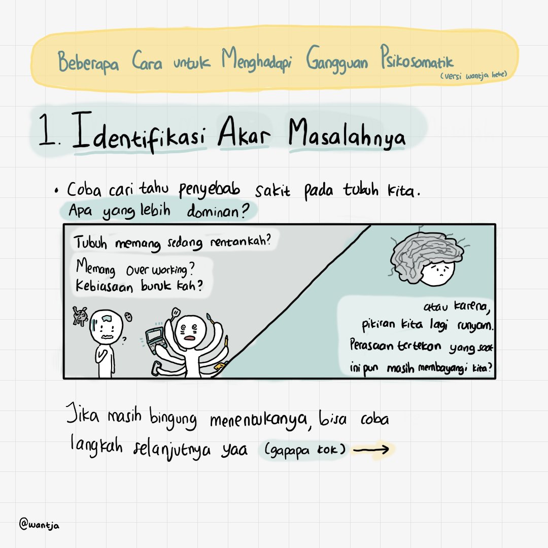 1. Identifikasi Akar Masalah.Mencoba menerima dsemua yang ga enak di tubuh, mulai dari yang bisa kelihatan dari gejala fisik, lalu mulai masuk ke dalam perasaan dan emosi.Hal ini bisa jadi sulit bagi bbrp orang, so it's ok untuk ask for help from others ya, terutama ahli.