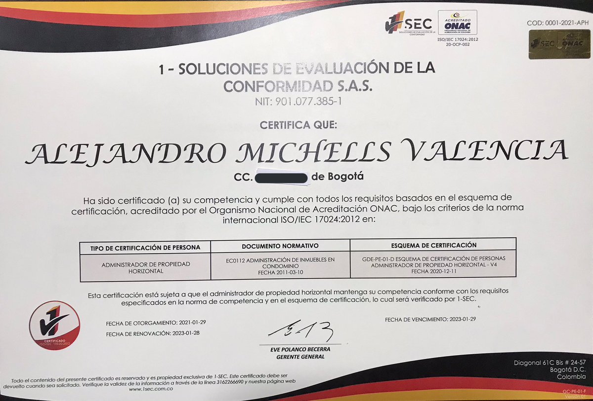 alejomichells's tweet photo. #PropiedadHorizontal 🏙comparto con ustedes el recibimiento de mi certificación Nacional e Internacional avalada por @ONAC_COLOMBIA que me acredita como administrador de copropiedades/condominios certificado en competencias.

Reitero mi conocimiento al servicio de la comunidad.🤝 https://t.co/KbySP16nE1