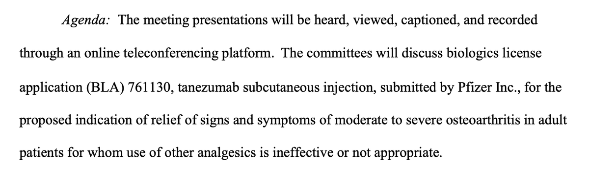 FDAadcomm's tweet photo. FDA schedules March 24-25 advisory committee meeting to review Pfizer's application for #tanezumab to treat #osteoarthritis $PFE #AAC #DSRM https://t.co/fFawkmd2WA https://t.co/OWve7vb55s