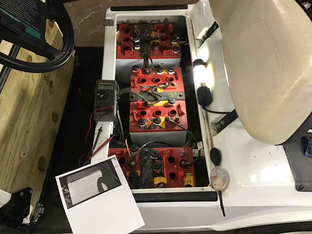 ObhsAuto's tweet photo. Today in our virtual class, we are testing our schools golf cart for a lack of voltage. Golf carts and automotive batteries are very similar. @FazioSally https://t.co/7PEMW1tpBN