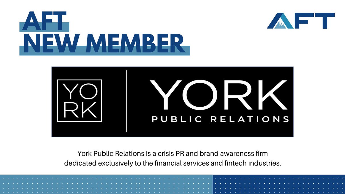 AFTWeb's tweet photo. Let’s give a warm welcome to the newest #AFTMember! Welcome @YorkCrisisPR. York Public Relations is a crisis PR and brand awareness firm dedicated exclusively to the financial services and fintech industries. #AFTProud
https://t.co/06qbDc7cAy https://t.co/VnnGf0J1bM