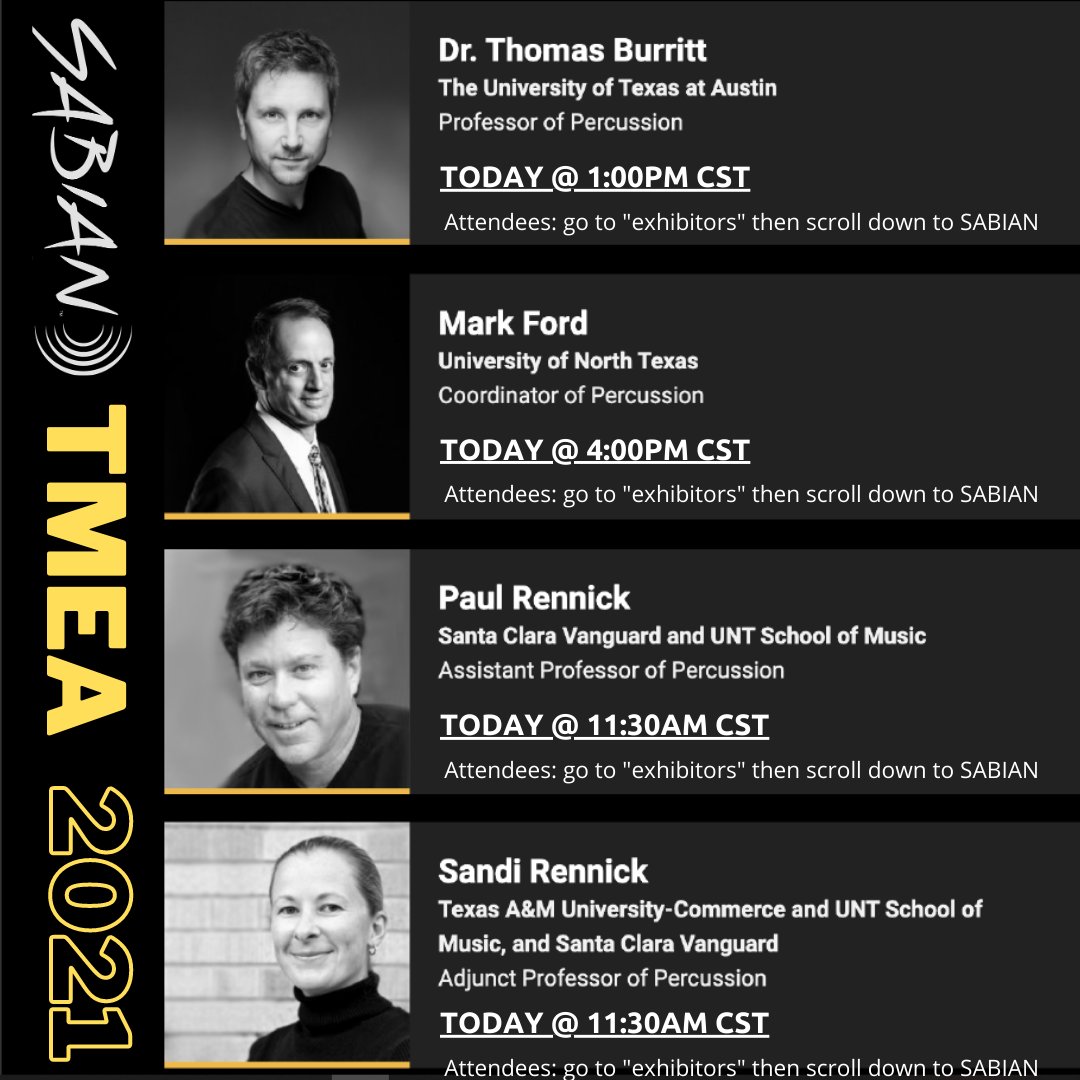 Percussion friends! I'll be in the Sabian booth today at 1:00pm CST at TMEA 2021. Stop in to say hi and take a listen to some new sounds that we are very excited about. Hope to see you then! <a href="/SABIAN_Cymbals/">SABIAN Cymbals</a> <a href="/TMEA/">TMEA</a>