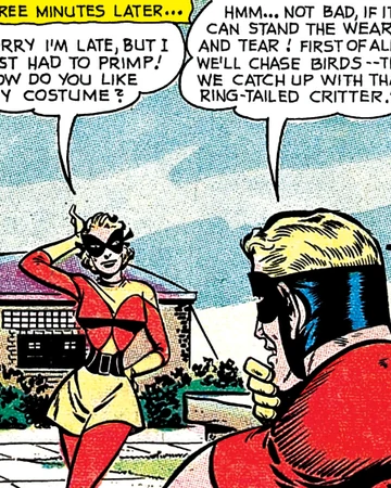 Joanie SwiftJoanie worked as a secretary until 1 day, when she accidentally spoke Johnny Quick’s speed formula, she eagerly began exploring her powers, putting together together a costume based on the more famous speedster and introducing herself to him as his new partner.
