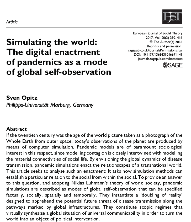 💯references in the history of epidemiology in💯days. #epidemyrefs #epitwitter

33/100 Sven Opitz <a href="/opitz_sven/">Sven Opitz</a>, Simulating the world: The digital enactment of pandemics as a mode of global self-observation, EJST 2017

Opitz asked in this insightful article already in 2017 how 1/3
